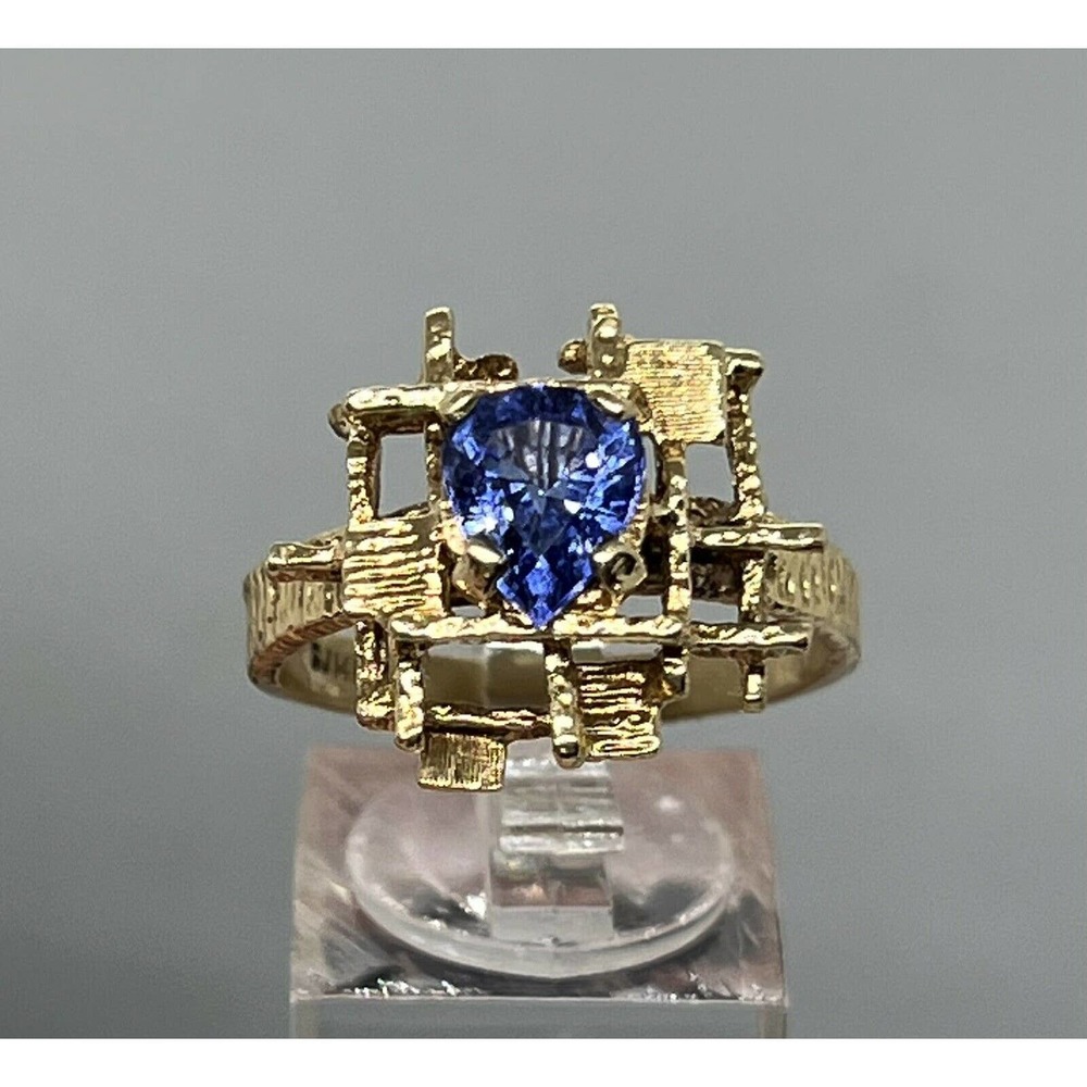 1980s Estate Tanzanite 14K Gold Geometric Cocktail Ring 6.7g Signed SJ
